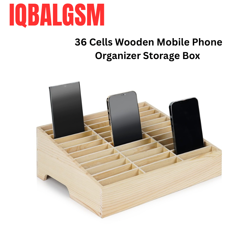 36 compartment wooden storage box designed for organizing mobile phones and small tools. 