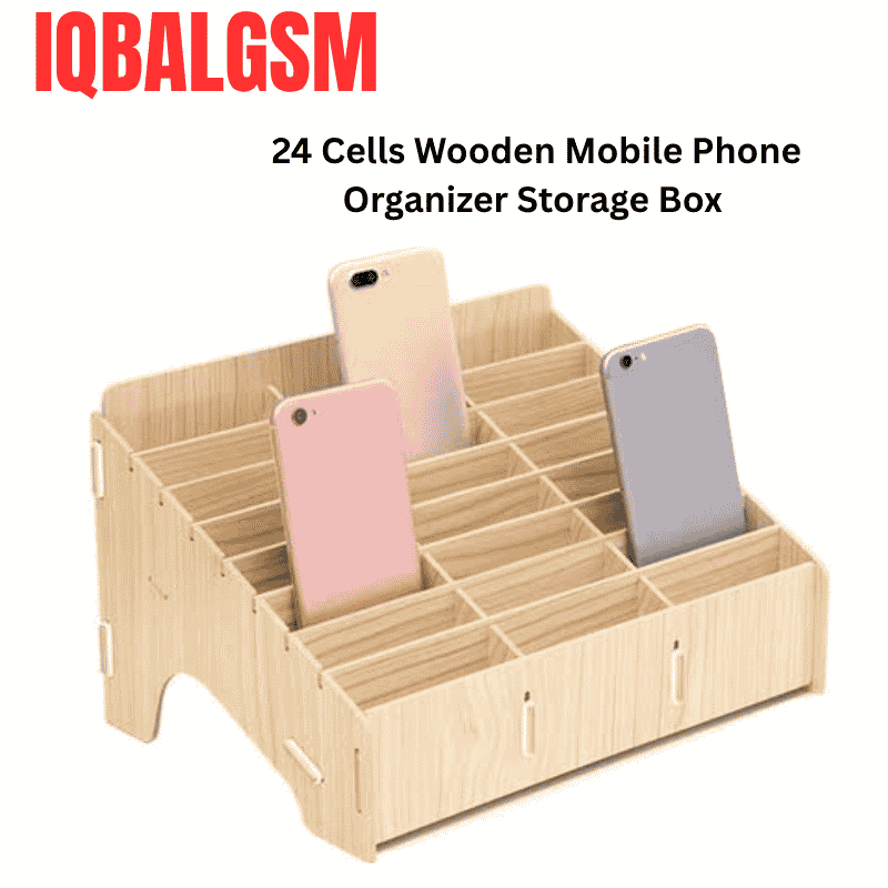 24 compartment wooden storage box designed for organizing mobile phones and small tools. 