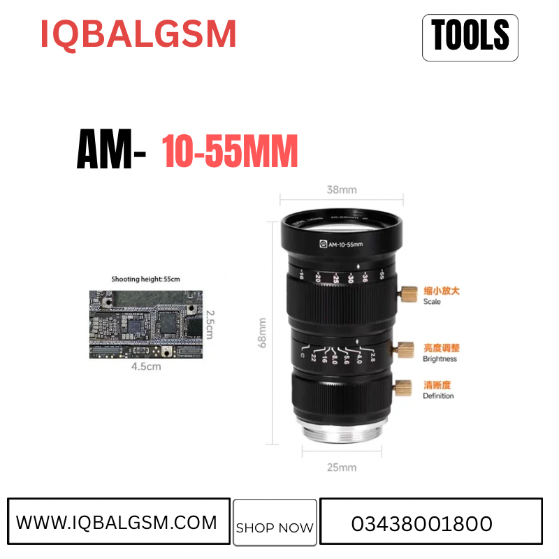 AM-10-55mm  lens provides extreme close-up visuals. With a tight field of approximately 5×3cm (estimated), it is ideal for advanced BGA and CPU-level inspections under high magnification 